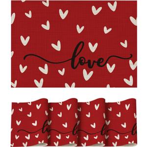 Artoid Mode Red Love Vinyl Valentine's Day Placemats Set of 4, 12x18 Inch Wipeable Non-Slip PVC Place Mats for Party Kitchen Dining Decor