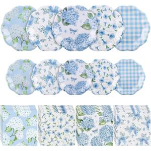 NatNarr 150 Pcs Floral Plates and Napkins, Blue and White Floral Party Supplies Include Hydrangea Flower Checkered Plates Napkins for Tea Party, Bridal Baby Shower, Spring Party