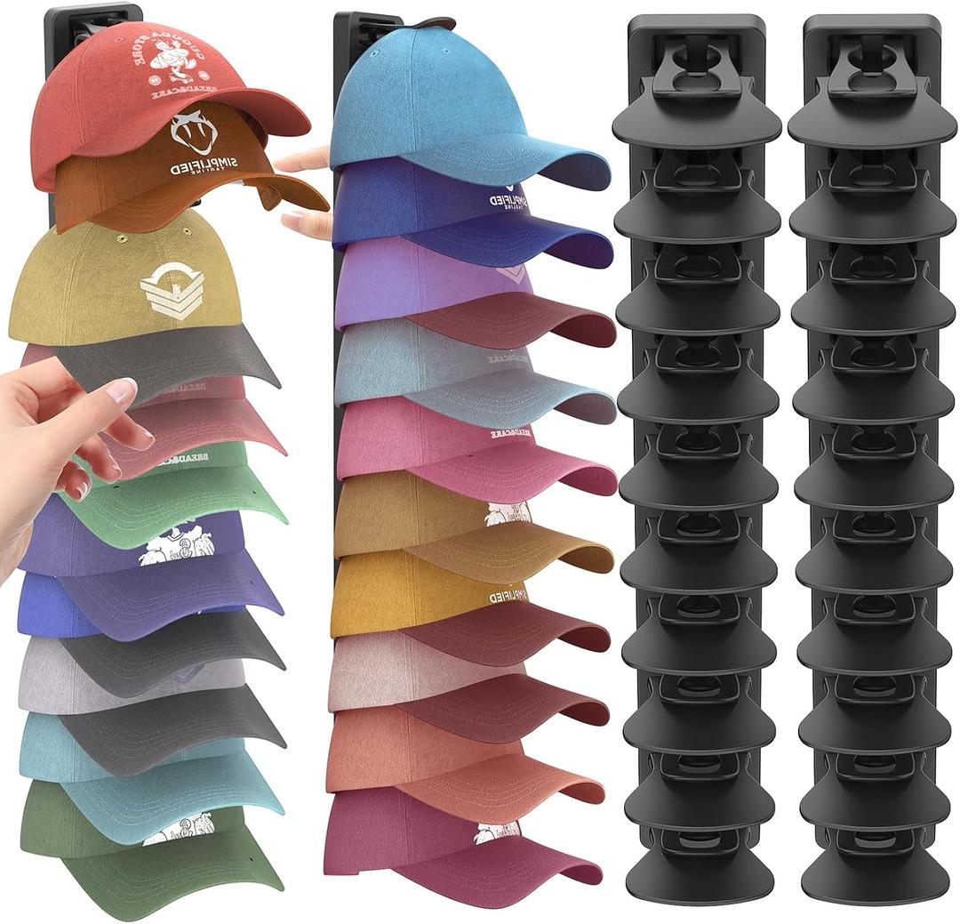 Hat Organizer for Baseball Caps 2 Pack, Adhesive Hat Rack for Wall, Baseball Cap Organizer (Black)