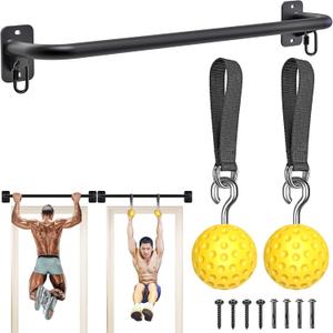 SELEWARE Fully Welded Wall Mount Pull Up Bar with Pull Up Power Balls, Heavy Duty Doorway Chin Up Bar w/Resistance Band Hooks, Includes 2 Grip Balls for Enhanced Forearm and Grip Strength