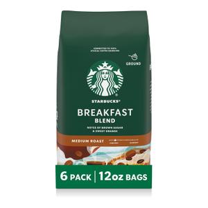 Starbucks Ground Coffee, Medium Roast Hot or Iced Coffee, Breakfast Blend, Six 12 oz Bags (EXP 06/04/26)