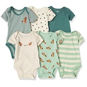 Amazon Essentials Unisex Babies' Short-Sleeve Bodysuits, Pack of 6, Ivory Forest, 18 Months