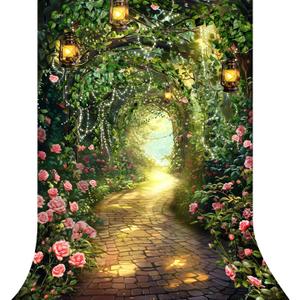 Riyidecor Fairy Princess Backdrop Wonderland Garden Pink Rose Lights Greenery Enchanted Woodland 5Wx7H Feet Photography Background Bridal Shower Birthday Wedding Photo Studio Shoot Polyester Fabric