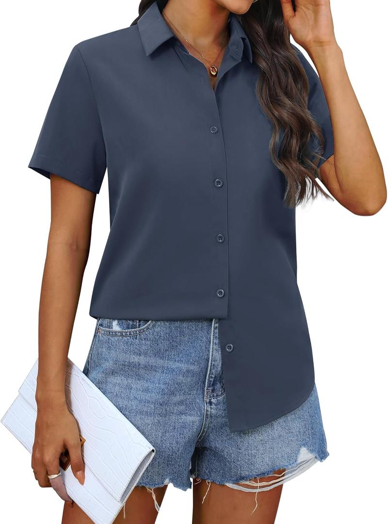 siliteelon Chiffon Button Down Shirts for Women Short Sleeve Dress Shirts for Women Casual Button Up Shirt Tops Blouses (X-Small, Dark Gray)