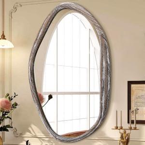 JJUUYOU Large Asymmetrical Mirrors Irregular Bathroom Wall Mirror 26"x18" Wooden Frame Modern Decorative Mirror for Makeup Bathroom Living Room,Brown