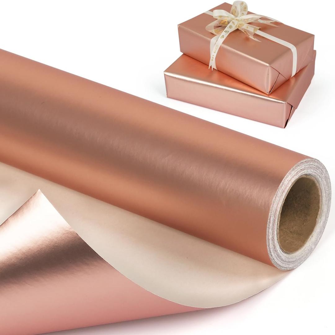 Rose Gold Metallic Wrapping Paper Roll, Solid Color Matte Gift Wrap Paper - Pearly Lustre, Light Rose Gold Gift Wrapping Paper for Birthday Wedding Christmas Mother's Day Baby Shower - 17 Inches x 32.8 Feet