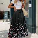Women's Casual Elastic High Waisted Maxi Summer Skirt Tie Front A Line Floral Trendy Flowy Long Skirts with Pockets (Black, XL)