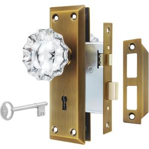 Upgraded Mortise Lock Set for Interior Door, Antique Brass Crystal Glass Door Knobs with Lock and Skeleton Key, Old Style Door Knobs Reversible for Left & Right Handed Door