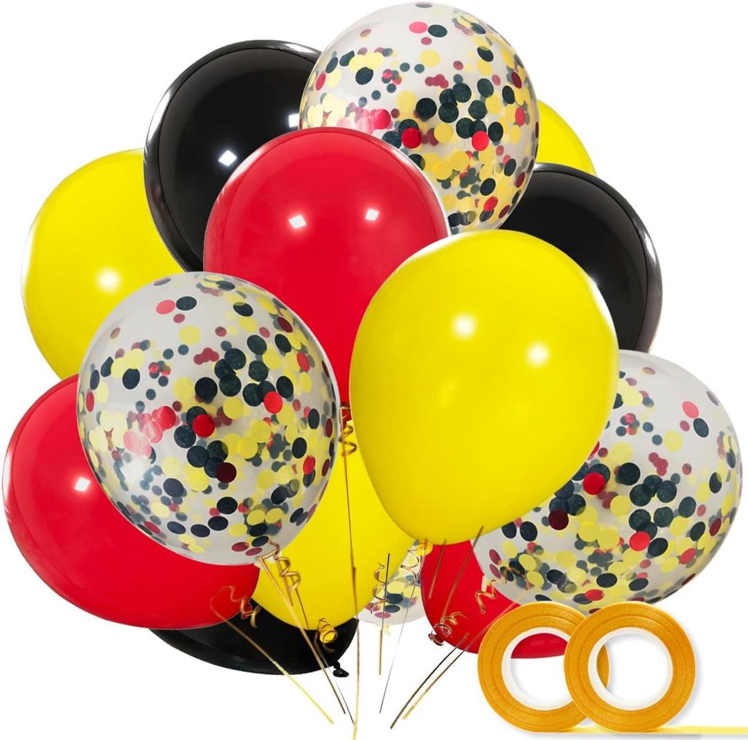 Mouse Color Balloons 40 Pack, 12 Inch Red Black Yellow Latex Balloons with Confetti Balloon for Baby Shower Birthday Party Decorations Supplies with Ribbon