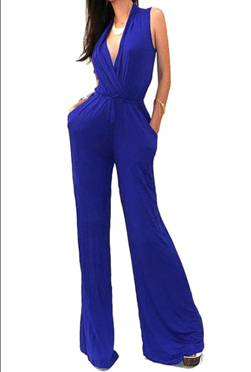 LYANER Women's Elegant Crewneck Sleeveless High Waist Long Wide Leg Pant Jumpsuit Romper, Royal Blue, X-Large