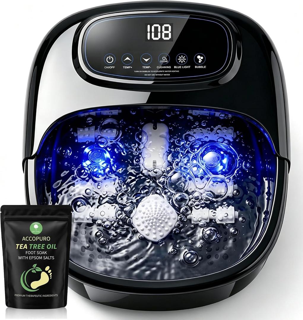 Foot Soaking Tub with Ozone UV, Foot Spa Bath Massager with Heat and Bubbles, Custom Temp Control, Pressure Rollers for Tired Feet, Gift Set for Parents Couples (Black)