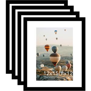 12x15 Picture Frame with Mat, Display 8x12 with Mat or 12 x 15 without Mat, Wood 12 by 15 Photo Frames for Wall Hanging, 4 Pack, Black
