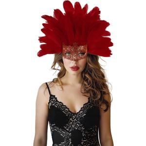 JEGERMIG Green Feather Masquerade Mask Headwear Carnival Headpiece Showgirl Cosplay Accessories for Women (Red)