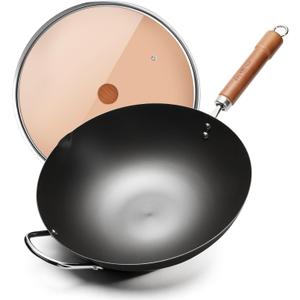WANGYUANJI Iron Wok,12.59 inch Woks for Stir-fry, Chinese Stir Fry Pan Uncoated, Traditional Flat Bottom Iron Pot for Induction, Electric, Gas, Suitable for All Stoves(Pure Iron Wok)