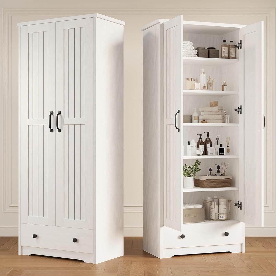 Decofy 70" Tall Storage Cabinets, Large Wood Storage Pantry Cabinet with 6 Adjustable Shelves, Drawer & 2 Striped Doors, Standing Utility Cabinet for Kitchen, Dining Room, Bathroom (White)
