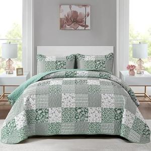 Mybedsoul Green Quilt Set Full Size, 3 Pieces Plaid Floral Bedspread Set Patchwork Reversible Bedding Set Microfiber Lightweight Bedspread Coverlet Set for All Season 78"x90"