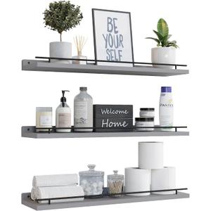 WOPITUES Floating Shelves 24 inch with Black Metal Guardrail, Shelves for Wall Decor Set of 3, Wall Shelves for Bedroom, Bathroom, Kitchen, Living Room, Plants, Picture Frames, Art- Grey, 23.6 inch