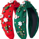 Winthrop 2 Pack Christmas Headband for Women Rhinestone Crystal Jeweled Ladies Wide Top Red Green Hair Holiday Costume