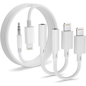 Lightning to 3.5mm Audio Adapter 2 Pack and 4ft Aux Cable Hi-Fi Lightning to Headphone Jack Adapter and Aux Cord Compatible with iPhone 14 13 12 11 XS XR X 8 7, Car Stereo, Headphones, Speaker
