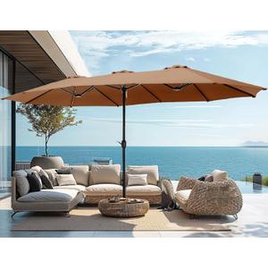 PHI VILLA 15ft Large Patio Umbrellas with Base, Outdoor Double-Sided Rectangle Market Umbrella for Pool Lawn Garden, Maillard Brown (Maillard Brown)