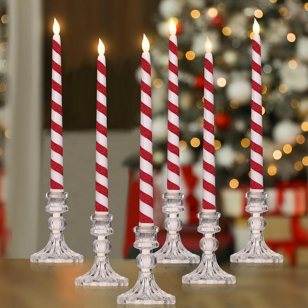 Baquler 6 Pcs Christmas Flameless Taper Candles 10. 6 Inch Glitter Candy Cane Candles Battery Operated LED Christmas Candlesticks for Xmas Centerpiece Holiday Party Decor