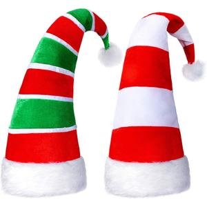 Syhood 2 Pieces Christmas Elf Hats Long Striped Santa Faux Fur Candy Hat for Adults Xmas Holiday Party Costume Accessories (Red Green White, Red White)