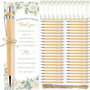 50 Sets Eucalyptus Leaves Baby Shower Ballpoint Pen Gifts Bulk for 50 Guest Wood Bamboo Pens Thank You Cards Retractable Oh Baby Pens Sage Green Flower Party Favors Decor