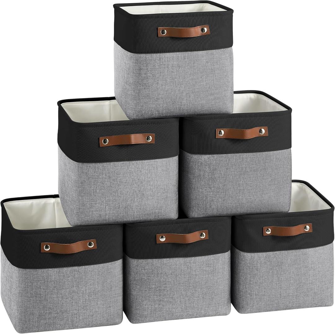 Cube Storage Baskets 6 Pack, 11x11 inch Cube Storage Bins with Leather Handles for Shelf Closet (Black/ Gray)