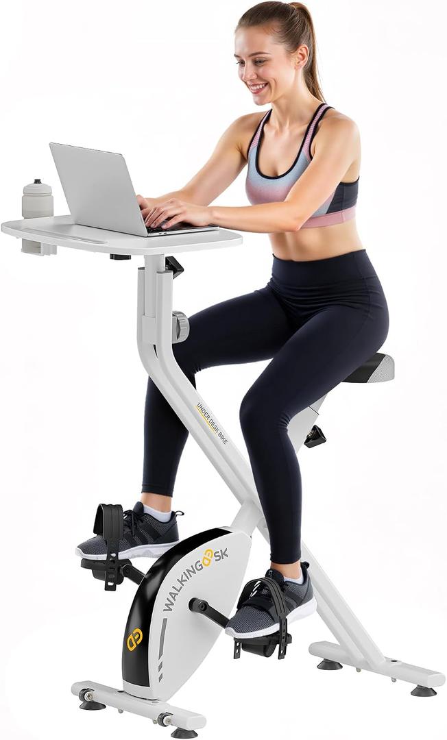 WALKINGDESK Exercise Bike Desk - Adjustable Pedal Desk with Foldable Design, Quiet 8-Level Magnetic Resistance, Laptop Tray, iPad Holder & Cup Holder for Home Office Workstation