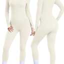 Vigorics Yoga Tummy Control Bodysuit Workout Long Sleeve Jumpsuit Exercise Shapewear Bodycon Sport Romper Beige M