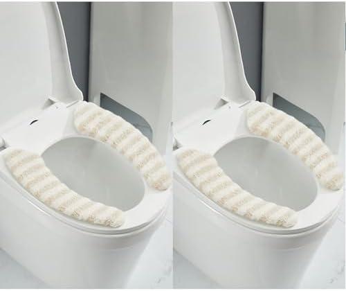 2Pairs Thick Warm Cushioned Toilet Seat Cover | Stick-On Washable Reusable Toilet Memory Foam Cushion Pad for Elongated Toilets (Beige)