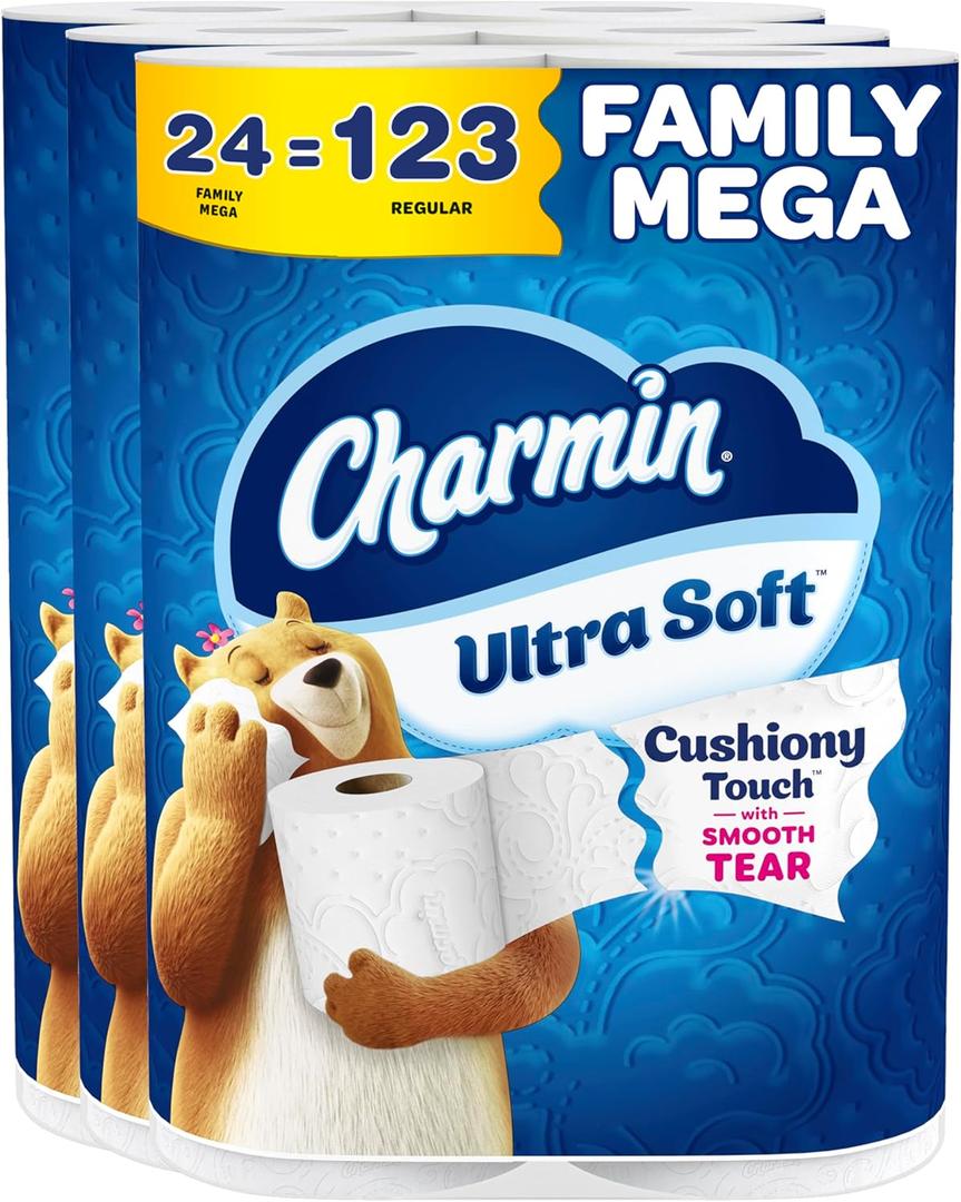 Charmin Ultra Soft Cushiony Touch Toilet Paper, 24 Family Mega Rolls = 123 Regular Rolls (Packaging May Vary) Charmin Ultra Soft Cushiony Touch Toilet Paper, 24 Family Mega Rolls = 123 Regular Rolls (Packaging May Vary)