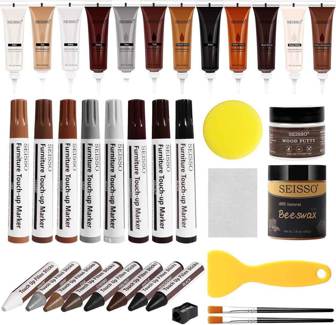 SEISSO Wood Furniture Repair Kit, 12 Colors Wood Fillers, Wood Putty with Beeswax, Furniture Touch Up Markers with Wood Crayons, Hardwood Floor Repair Kit for Stains, Scratch, Cracks, Hole