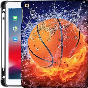 Rotating Case for iPad 9th/ 8th/ 7th Generation 10.2 inch 2021/2020/2019, Premium PU Leather Multi-Angle Viewing Stand TPU Cover with Auto Wake/Sleep, Basketball on Fire Water