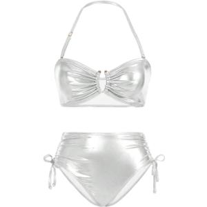 MakeMeChic Women's 2 Piece Gold Bikini Sets Metallic High Waisted Ruched Halter Tie Side Swim Bathing Suit, White, Small