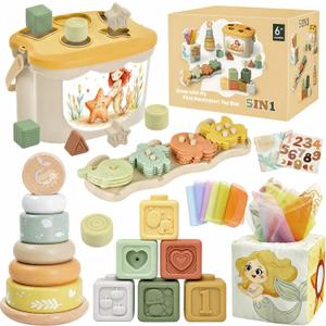 Baby Toys for 6-12 Months, Montessori Toys for Babies 6 Months+ | Shape Sorter, Stacking Rings, Sensory Baby Blocks, Educational Montessori Toys for 6+ Months, Neutral Baby Birthday Gift Set