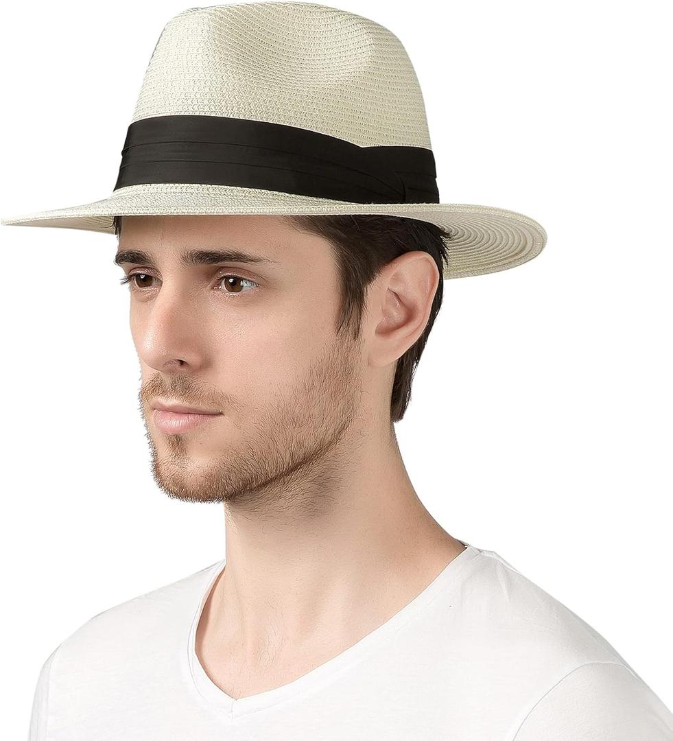 Lanzom Summer Beach Sun Hats for Men Women Foldable Travel Packable Staw Hat, Wide Brim Hat (Style B-Ivory White, Large Size: Fit for 23"-23.6")