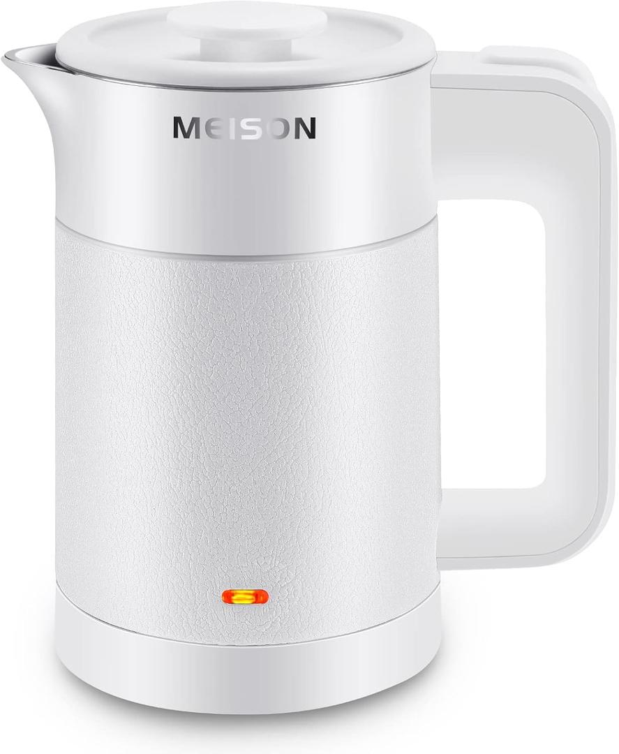 0.6L Small Electric Kettles Stainless Steel, Travel Mini Hot Water Boiler Heater, Double Wall Cool Touch Portable Teapot, Auto Shut-Off & Boil-Dry Protection, 120V/800W, (white)