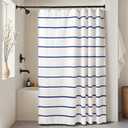 Navy Blue and White Striped Shower Curtain Set with Hooks, Waterproof Polyester Fabric, Printed Hand-Drawn Stripe Design, Coastal Modern Farmhouse Bathroom Decor, 72" x 72"