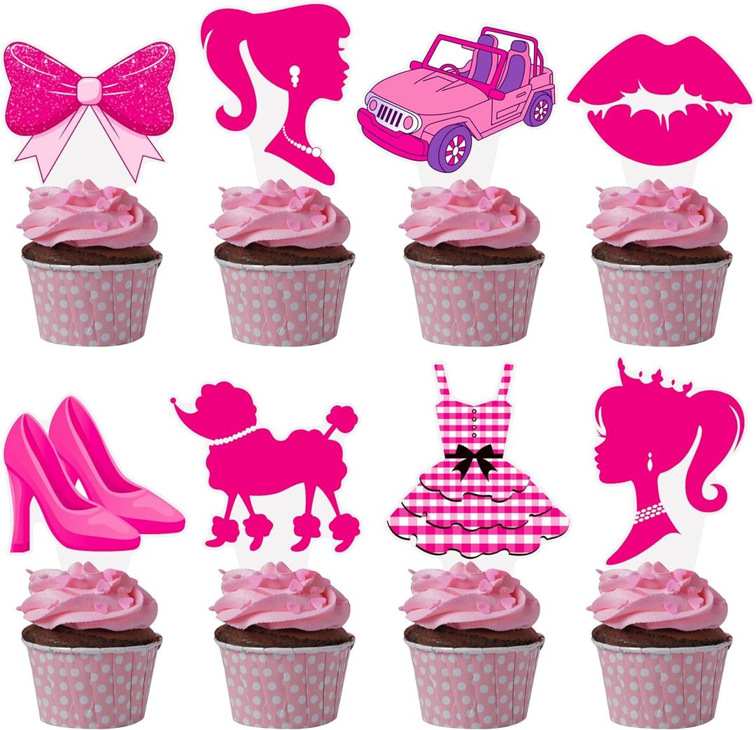 48pcs Hot Pink Girl Cupcake Topperss Pink Birthday Party Decorations for GIrls Princess Theme Girl Party Cupcake Topper Decorations for Girls Bachelorette Party Bridal Shower Supplies