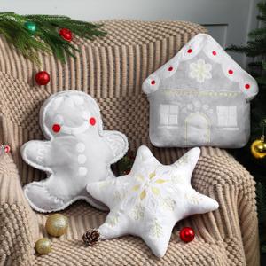 Oudain 3 Pcs Christmas House Man Throw Pillows Neutral Taupe Ivory Plush Snowflake Gingerbread Men House Shaped Decorative Fluffy Pillow for Xmas Sofa Couch Cushion Bed Home Winter Party Decor