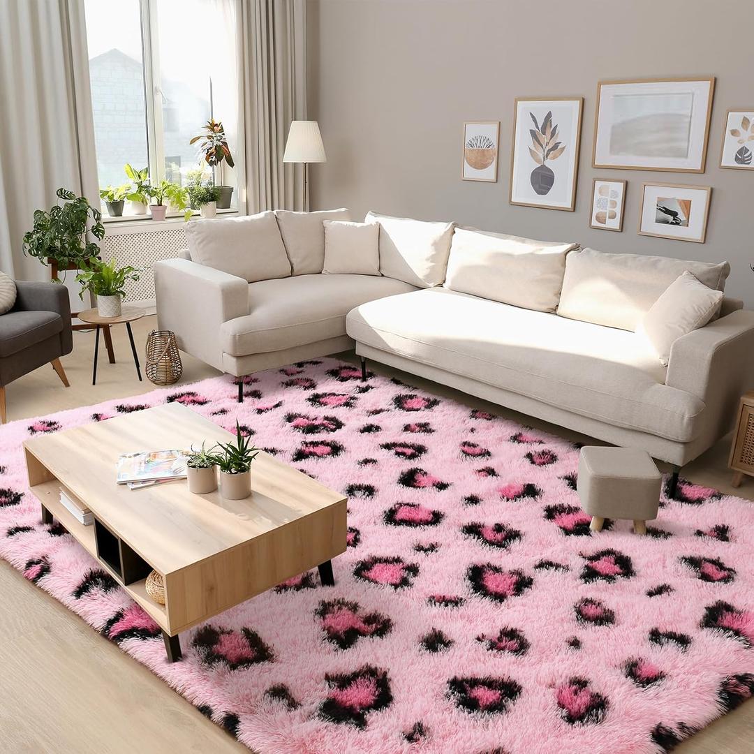 Living Room Area Rug - 5x8 Kids Room Fluffy Bedroom Pink Leopard/Cheetah Print Faux Fur Washable Carpet