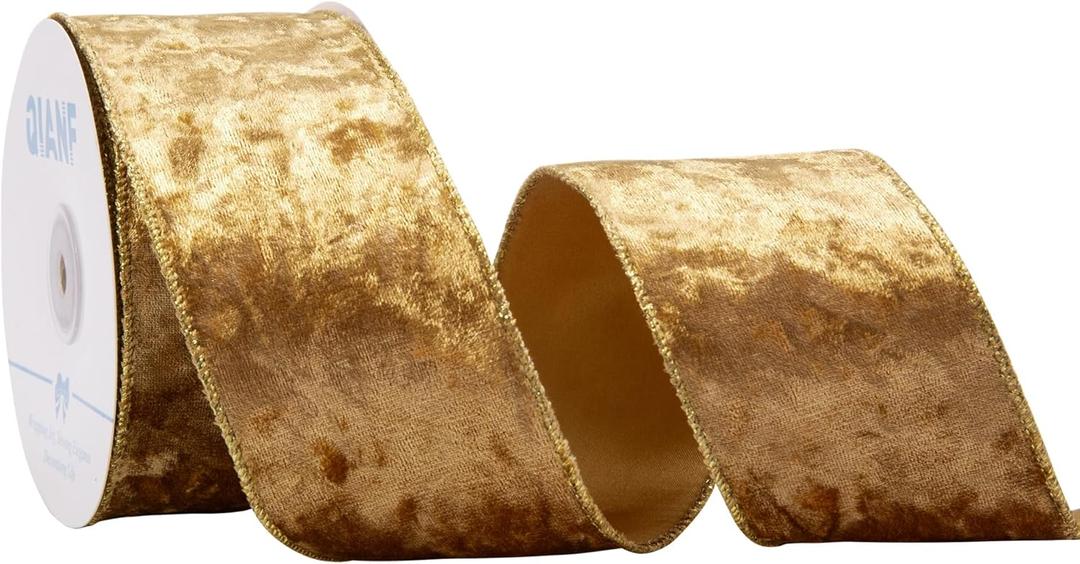 Gold Velvet Wired Edge Ribbon, 2.5 Inch x 10 Yards Crushed Velvet Christmas Ribbon for Christmas Tree Decoration Gift Wrapping Garland Wreaths Bows Making