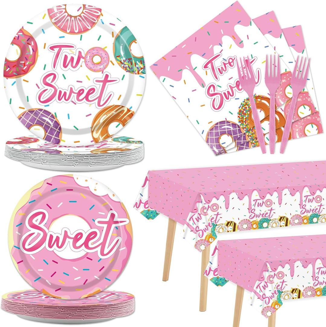 ZOIIWA 98 Pieces Two Sweet Donut Birthday Party Supplies for 24 Guests Girls Donut Tableware Set Baby Girl 2nd Birthday Paper Plates Napkins Tablecloth Decorations Table Cover Dinnerware Party Favors