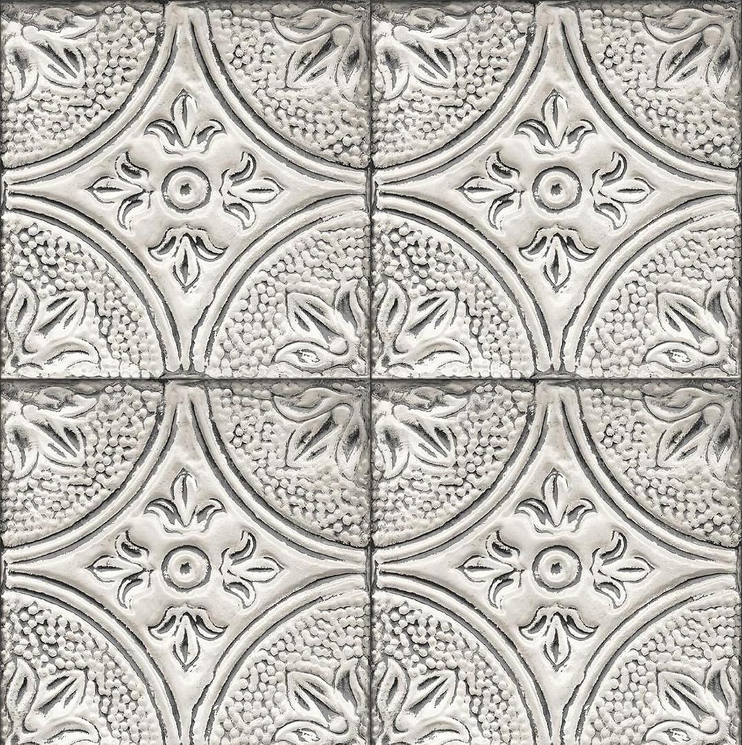 FunStick Old White Tin Tile Wallpaper Peel and Stick Vintage Faux 3D Embossed Wall Paper for Kitchen Backsplash Bedroom Ceiling Self Adhesive Wallpaper White Contact Paper for Walls Cabinets 17.5x118