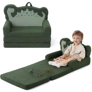 Blissful Diary Kids Couch, 2-in-1 Soft Toddler Couch Fold Out, Toddler Chair Comfy, Convertible Sofa to Lounger, Kids Furniture for Playroom, Gift for Birthday, Children's Day, Green Dinosaur