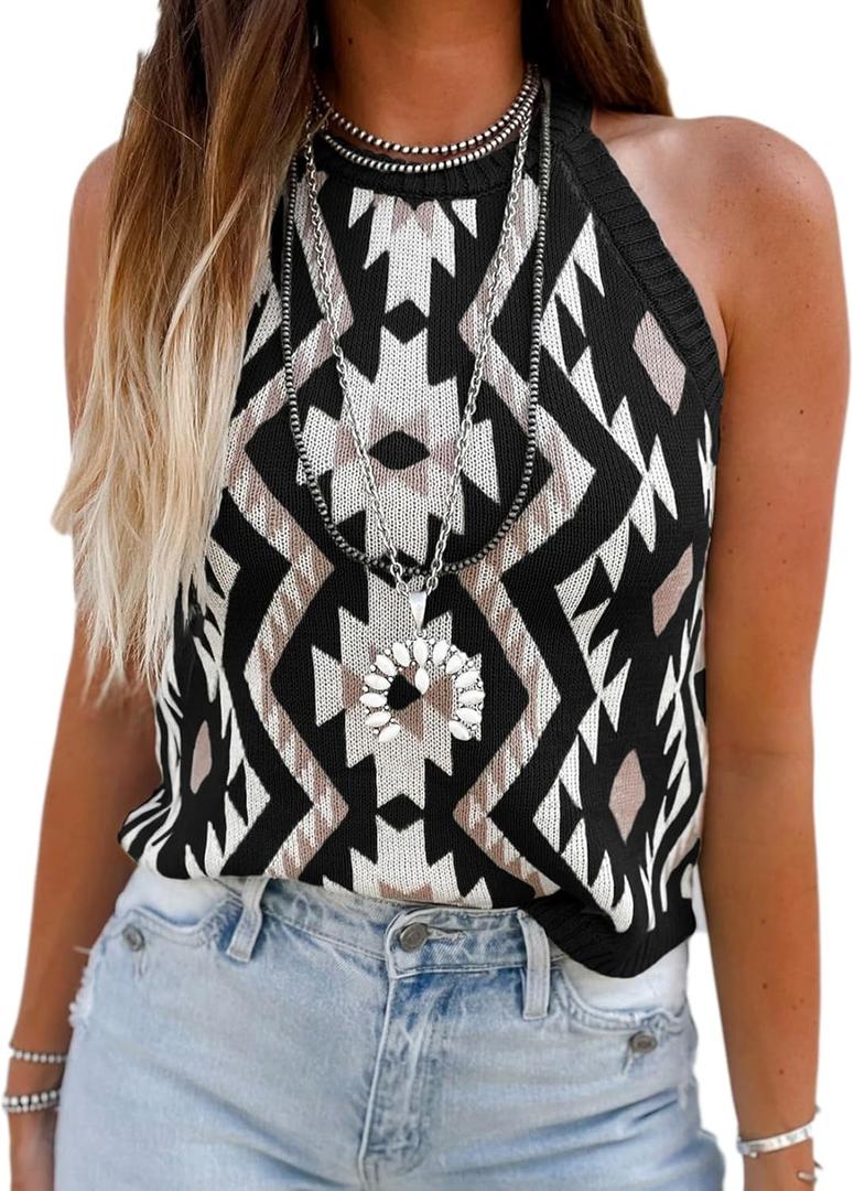 MARZXIN Women Sleeveless Sweater Tank Round Neck Casual Aztec Geometric Knit Sweater Top (Small, A-laurel Black Folk)