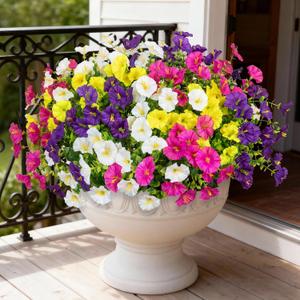 Bassion Artificial Flowers for Outdoors, 20 Bundles Silk Fake Flowers UV Resistant Realistic Morning Glory Faux Eucalyptus Plants for Outside Planters Porch Window Box Garden Indoor Decor
