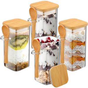 Pickmesh 4 Pack Overnight Oats Containers with Lids 10oz Overnight Oats Jars Oatmeal Cups Square Glass Meal Prep Container with Bamboo Lids and Spoons Glass Jar with Lid for Pudding Yogurt Cereal