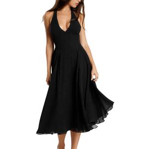 YMDUCH Women's Sexy Sleeveless Halter V Neck Mesh Sheer A-line Cocktail Party Midi Dresses (Black, S)